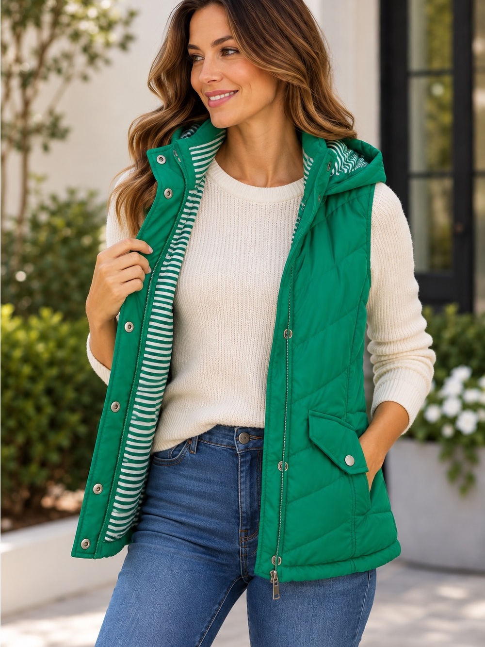 Quilted Hooded Sleeveless Vest in Green